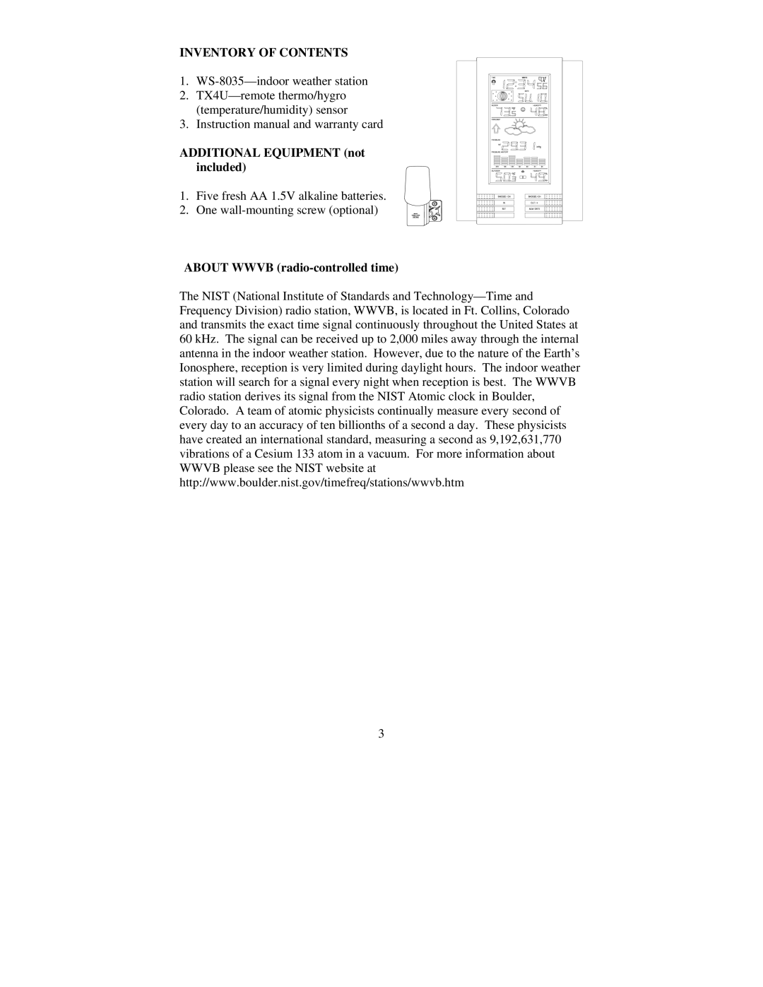 La Crosse Technology WS-8035 instruction manual Inventory of Contents 