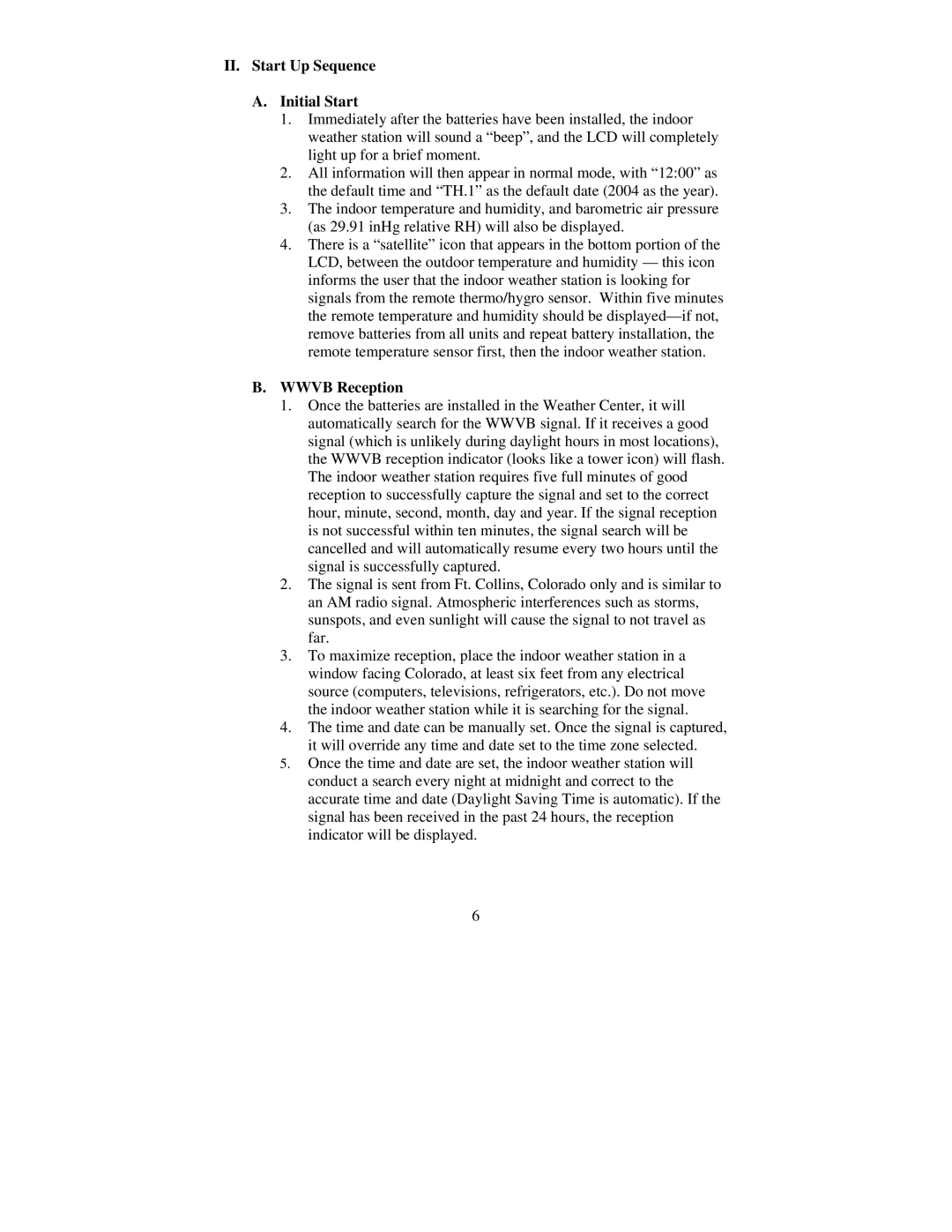 La Crosse Technology WS-8035 instruction manual II. Start Up Sequence Initial Start, Wwvb Reception 