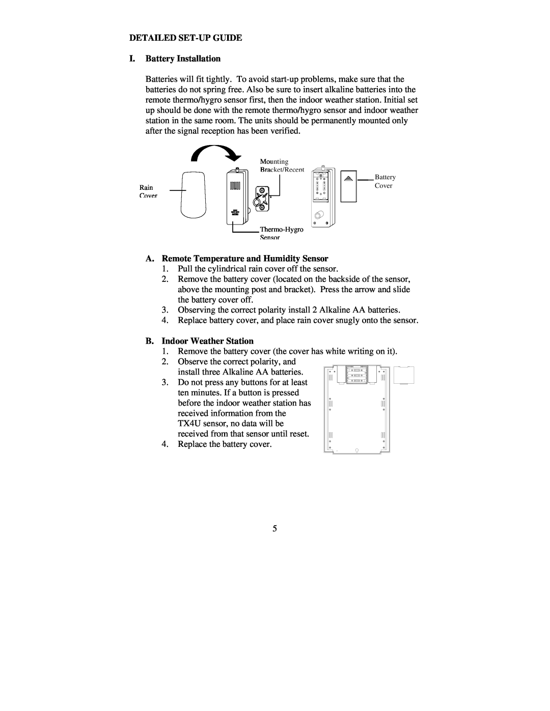 La Crosse Technology WS-8035 DETAILED SET-UP GUIDE I. Battery Installation, A. Remote Temperature and Humidity Sensor 