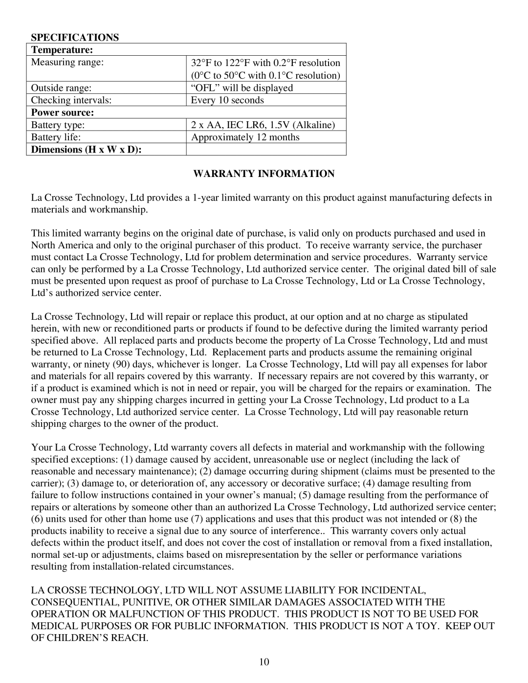 La Crosse Technology WS-8053U instruction manual Specifications, Warranty Information 