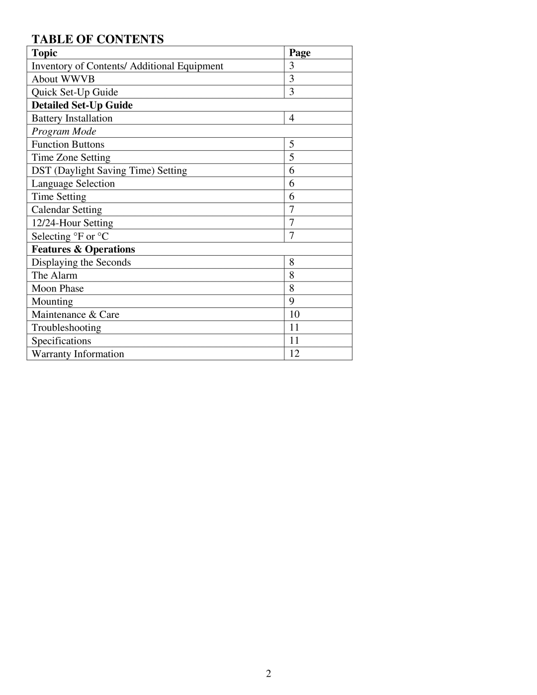 La Crosse Technology WS-8053U instruction manual Table of Contents 