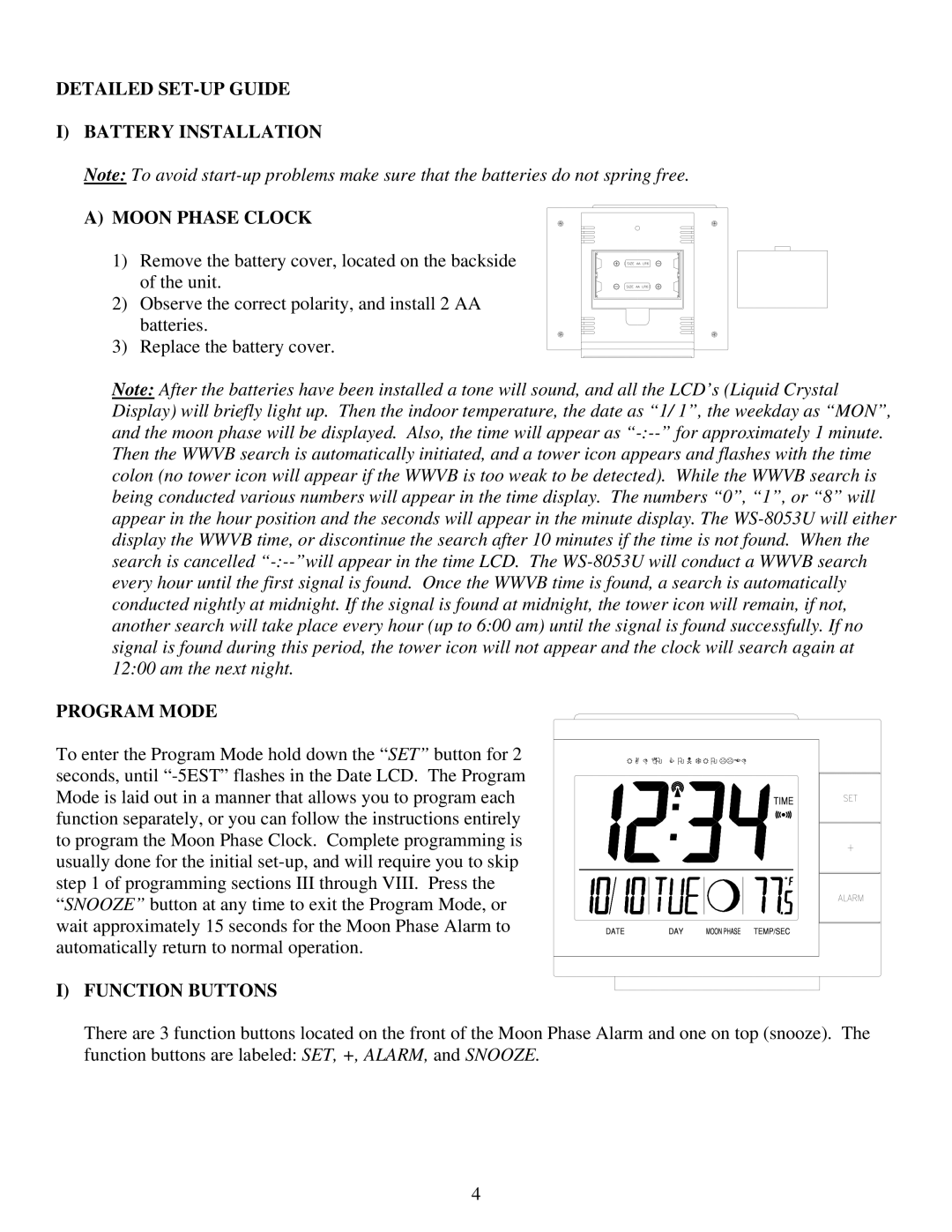 La Crosse Technology WS-8053U Detailed SET-UP Guide Battery Installation Moon Phase Clock, Program Mode, Function Buttons 