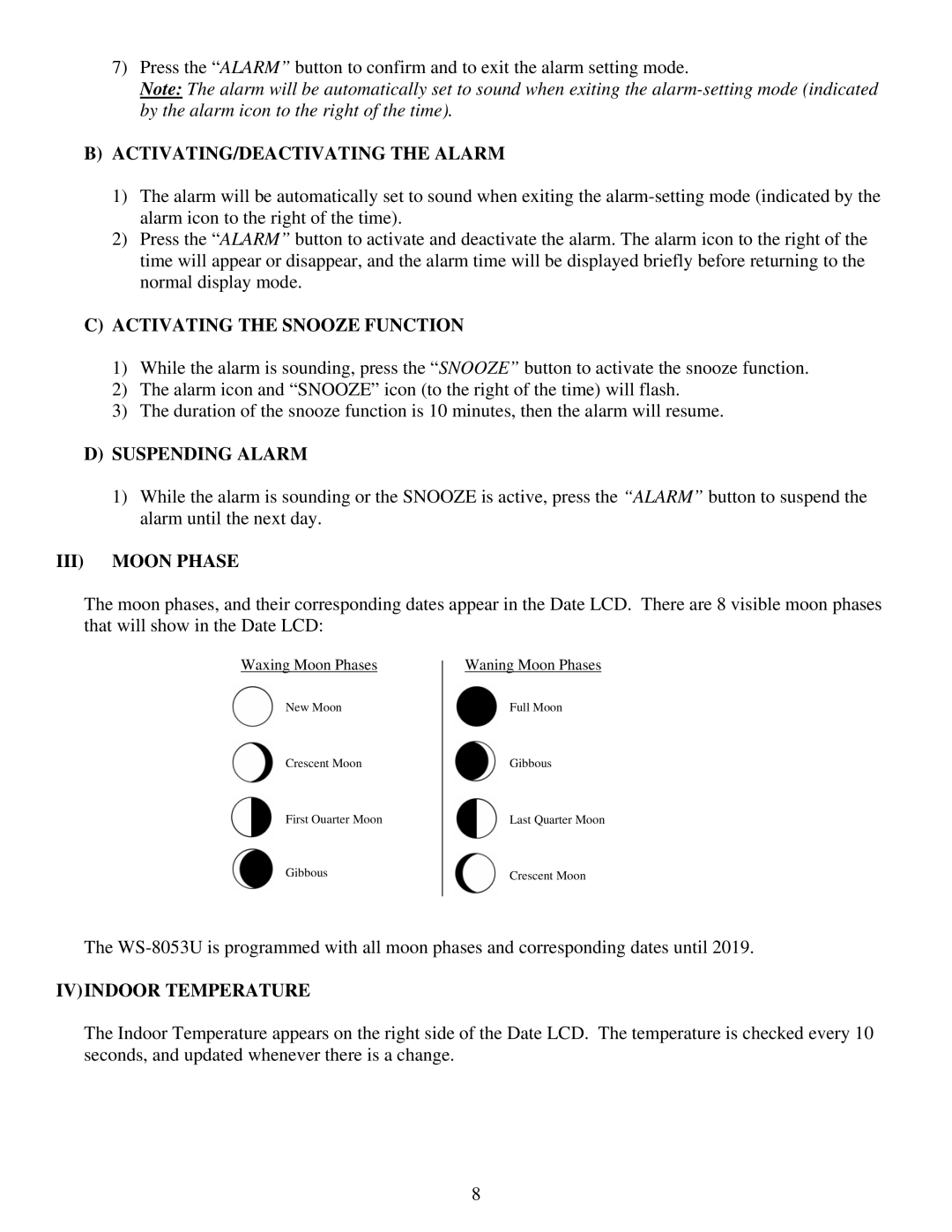 La Crosse Technology WS-8053U ACTIVATING/DEACTIVATING the Alarm, Activating the Snooze Function, Suspending Alarm 