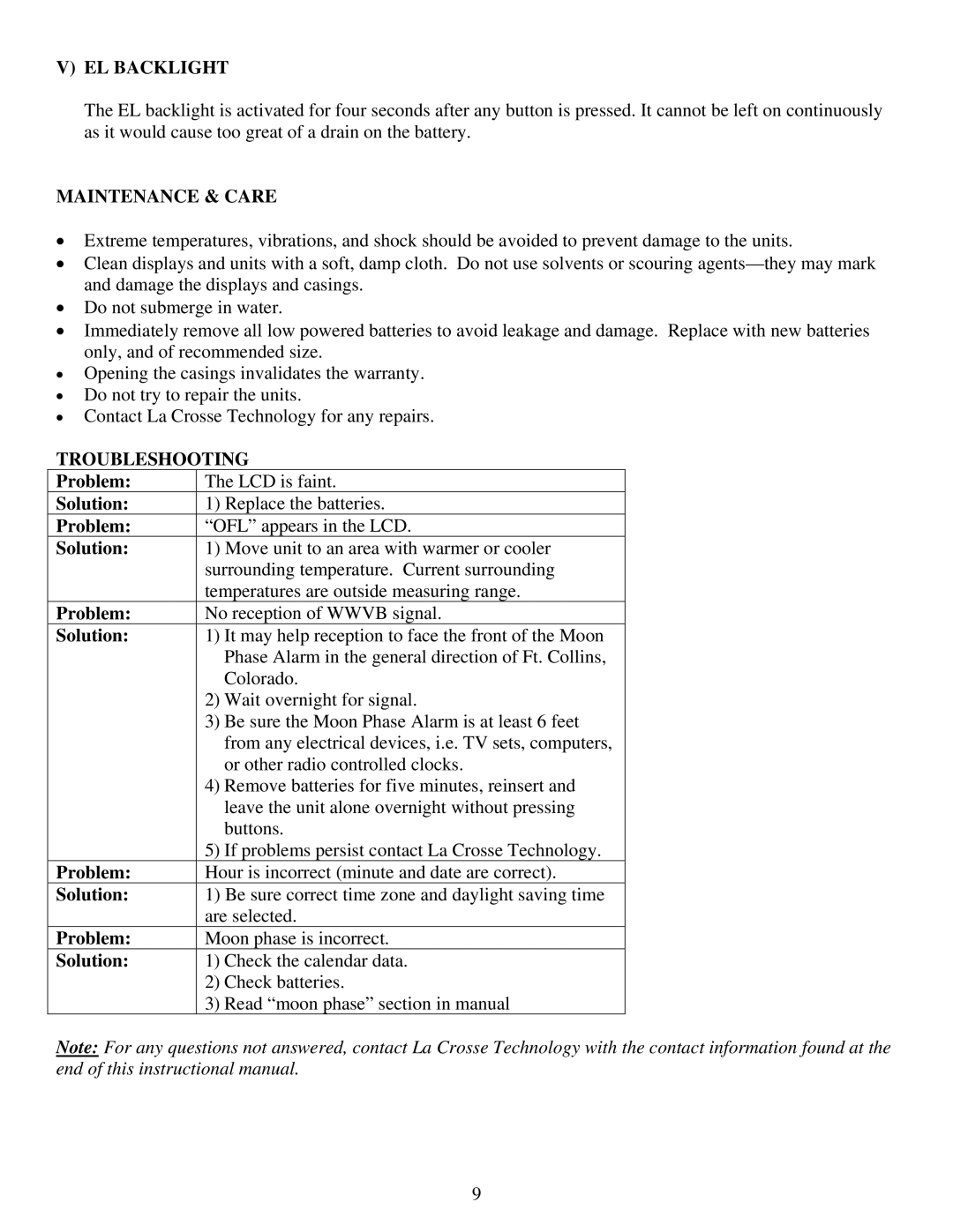 La Crosse Technology WS-8053U instruction manual EL Backlight, Maintenance & Care, Troubleshooting 