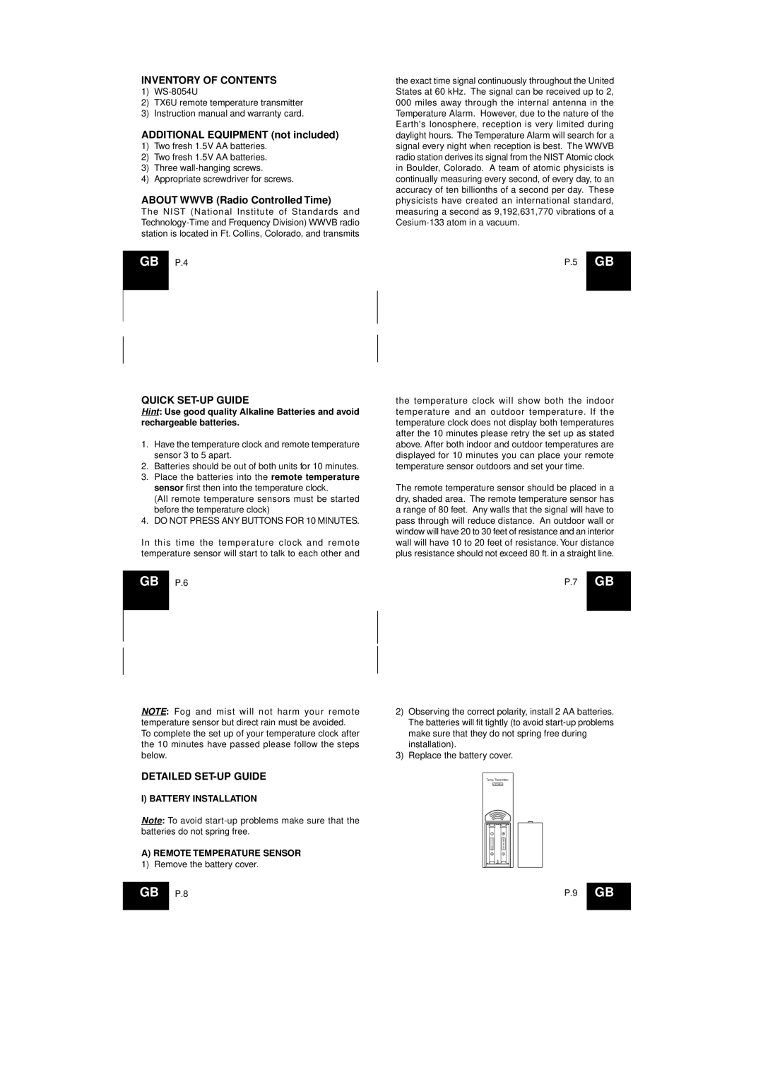 La Crosse Technology WS-8054U instruction manual Inventory of Contents, Quick SET-UP Guide, Detailed SET-UP Guide 