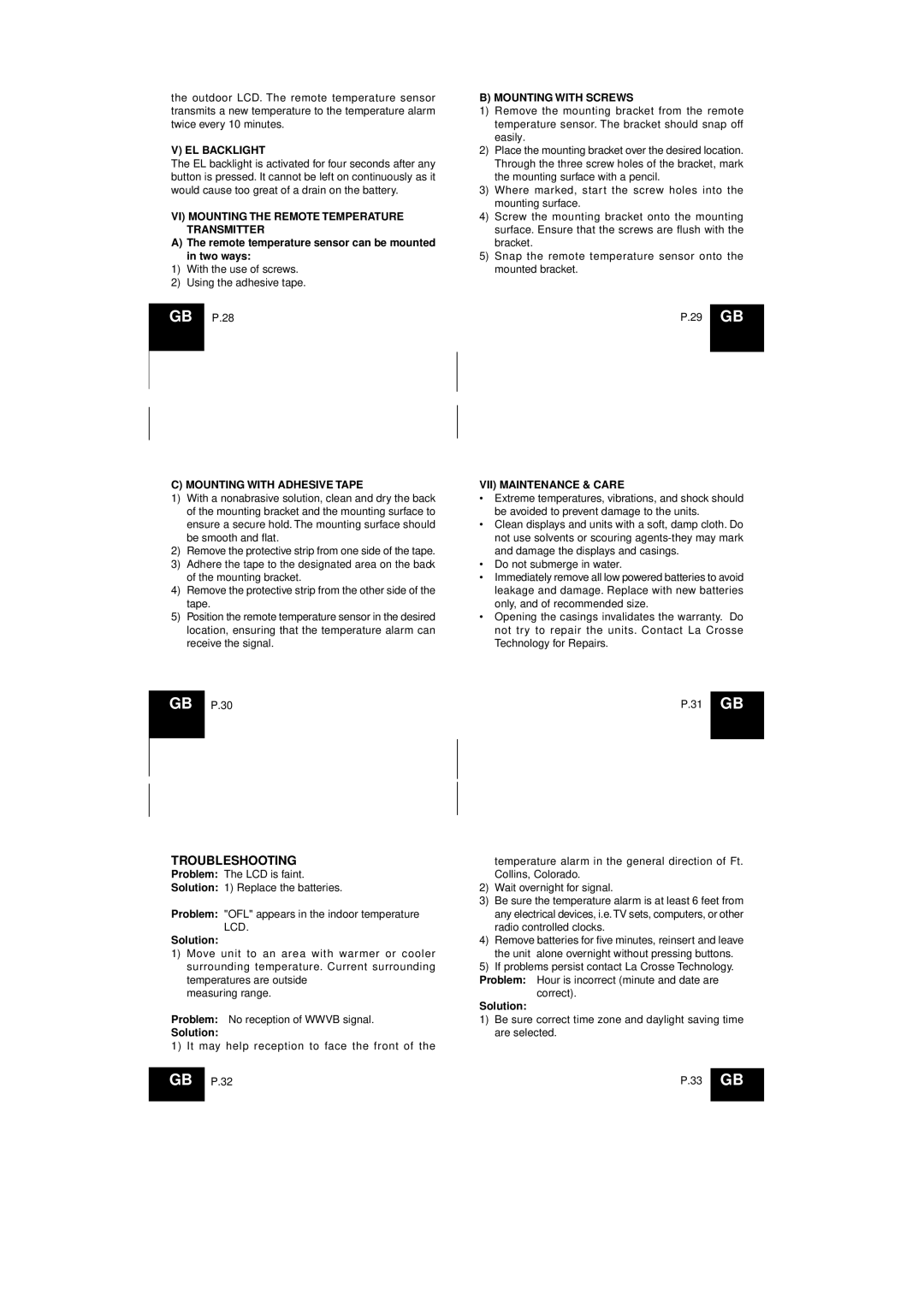 La Crosse Technology WS-8054U instruction manual Troubleshooting 