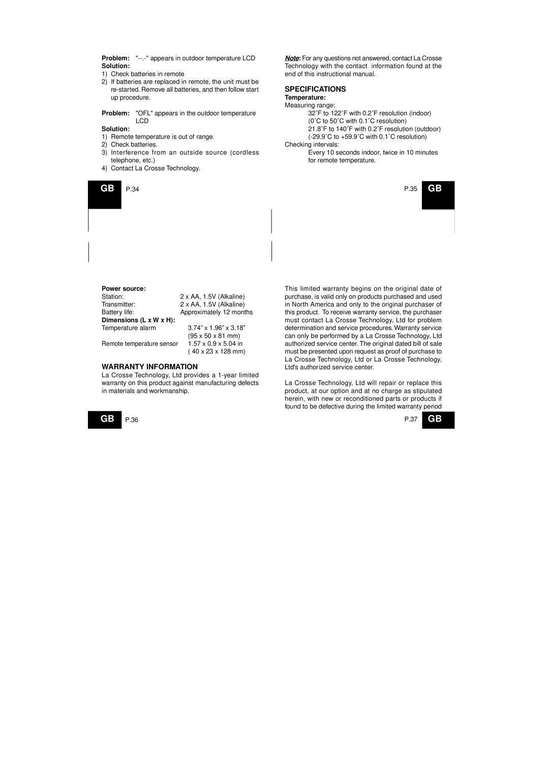 La Crosse Technology WS-8054U instruction manual Warranty Information, Specifications, Power source, Dimensions L x W x H 