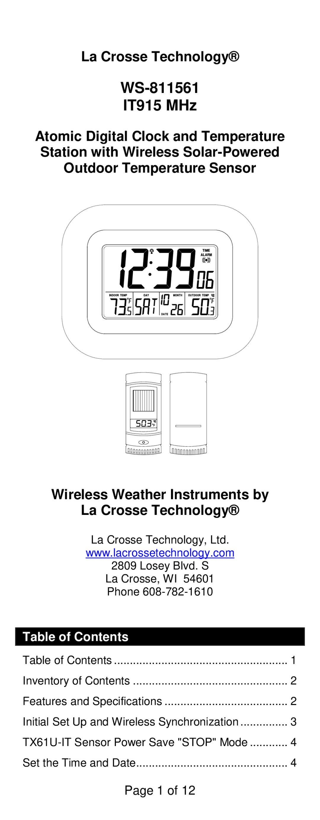 La Crosse Technology specifications WS-811561 IT915 MHz, Table of Contents 