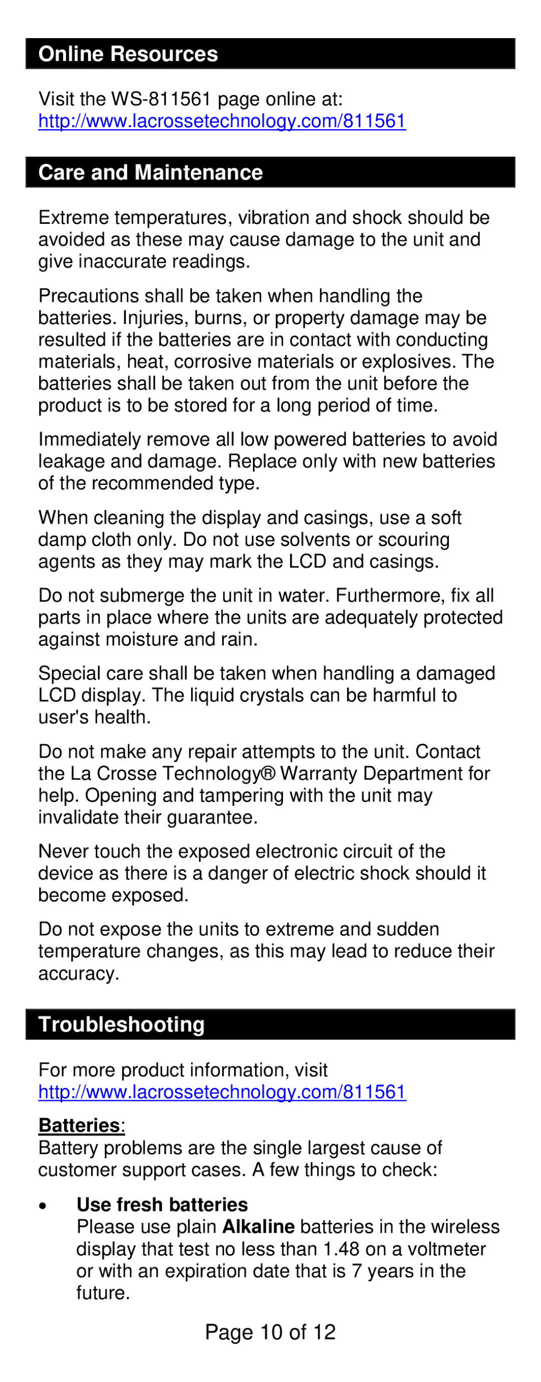 La Crosse Technology WS-811561 Online Resources Care and Maintenance, Troubleshooting, Batteries, Use fresh batteries 