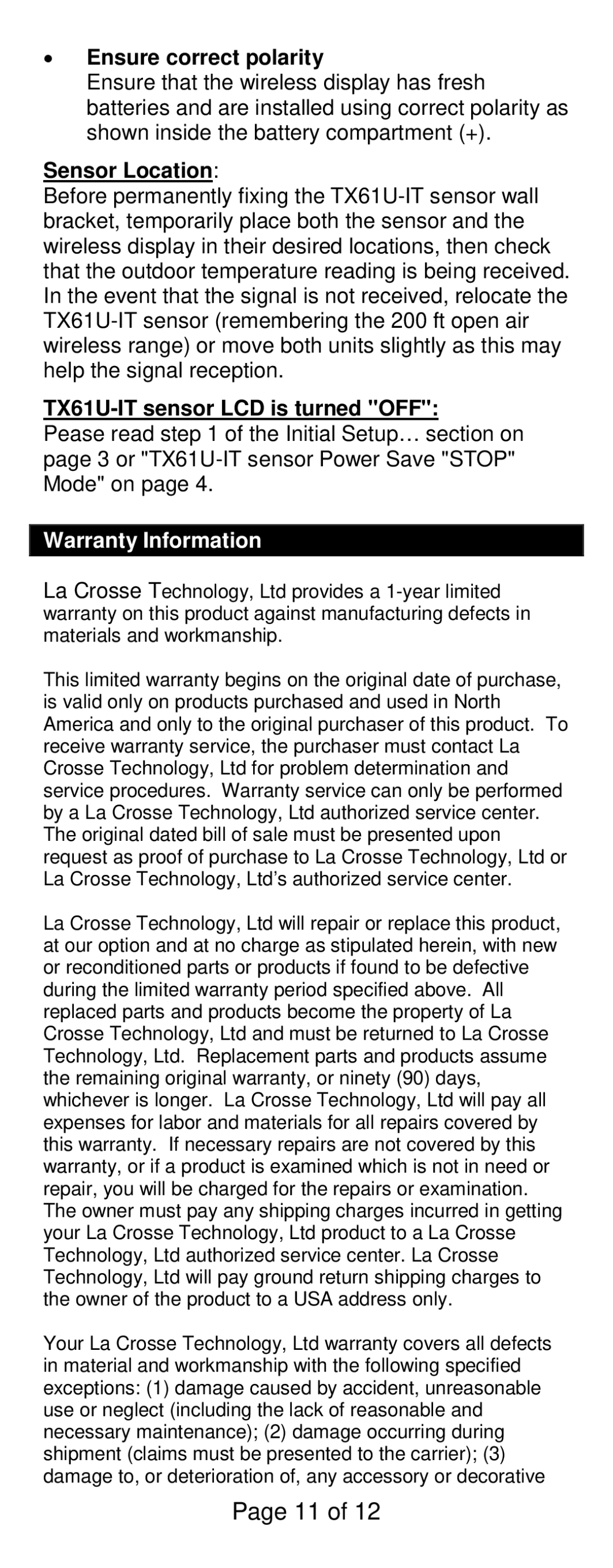 La Crosse Technology WS-811561 specifications Ensure correct polarity, Sensor Location, TX61U-IT sensor LCD is turned OFF 