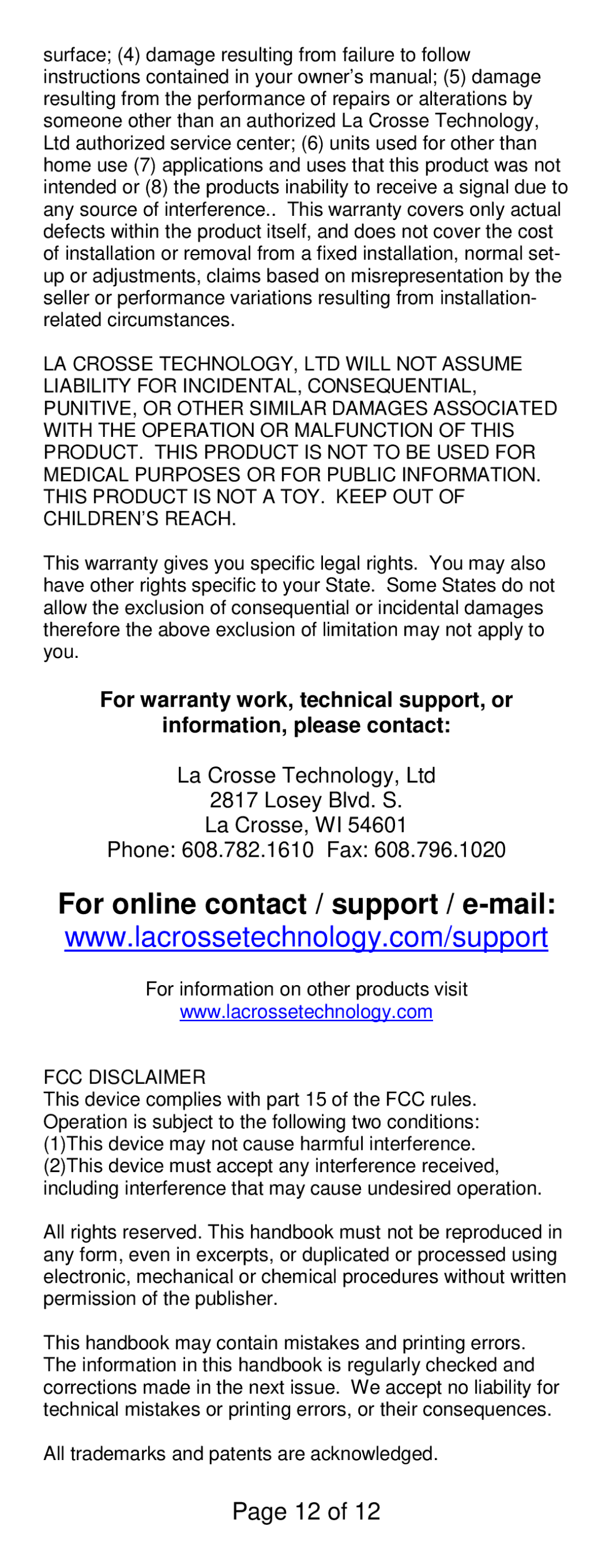 La Crosse Technology WS-811561 specifications For online contact / support / e-mail 