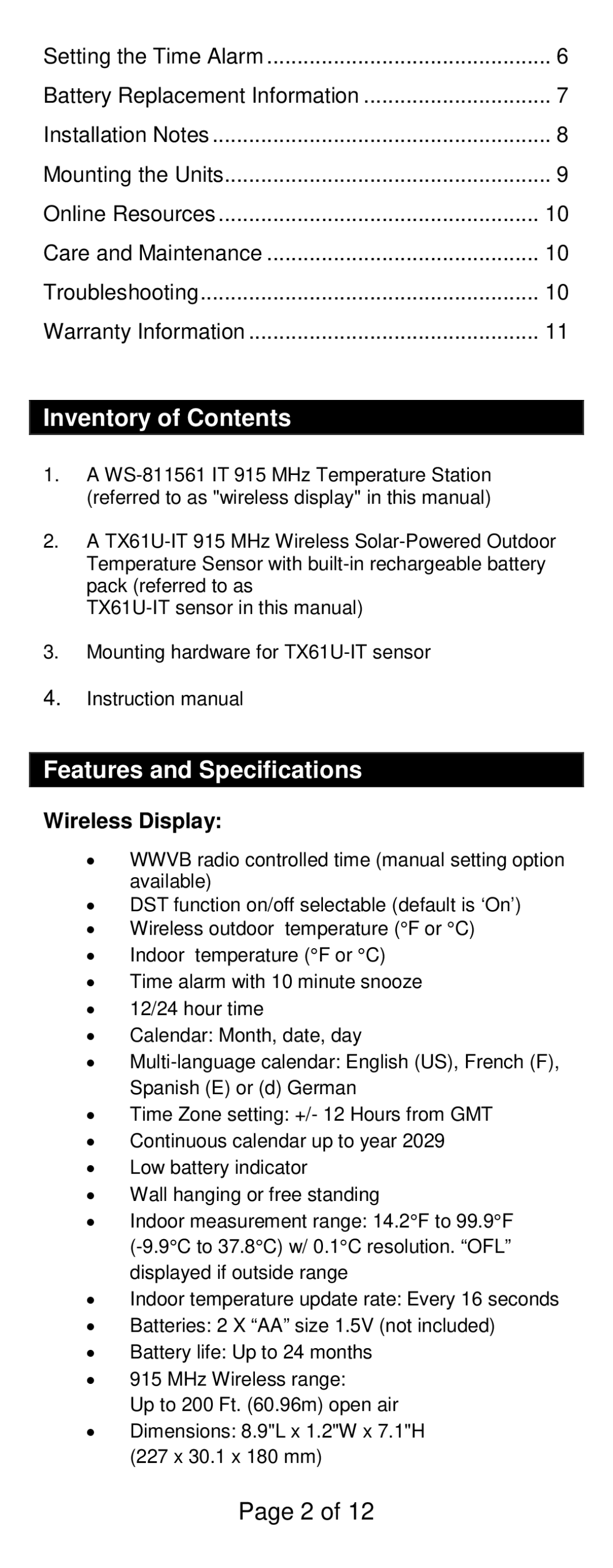 La Crosse Technology WS-811561 specifications Inventory of Contents, Features and Specifications 