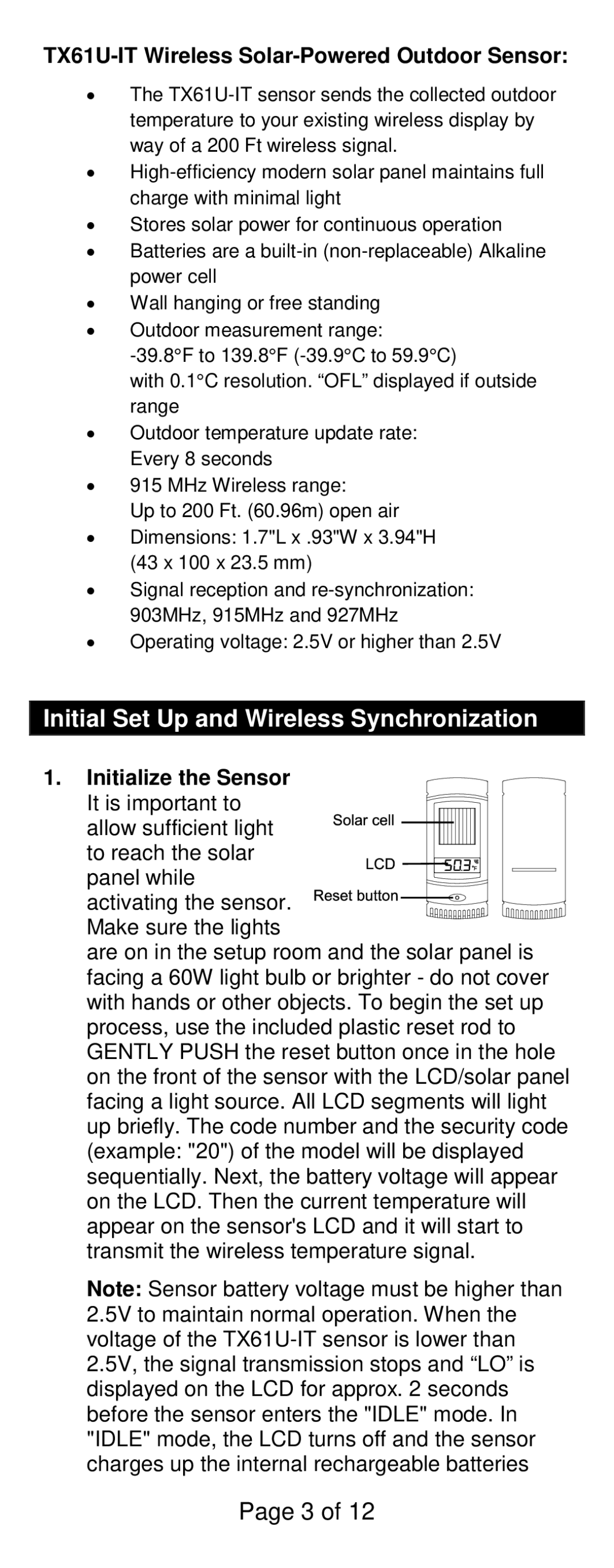 La Crosse Technology WS-811561 Initial Set Up and Wireless Synchronization, TX61U-IT Wireless Solar-Powered Outdoor Sensor 