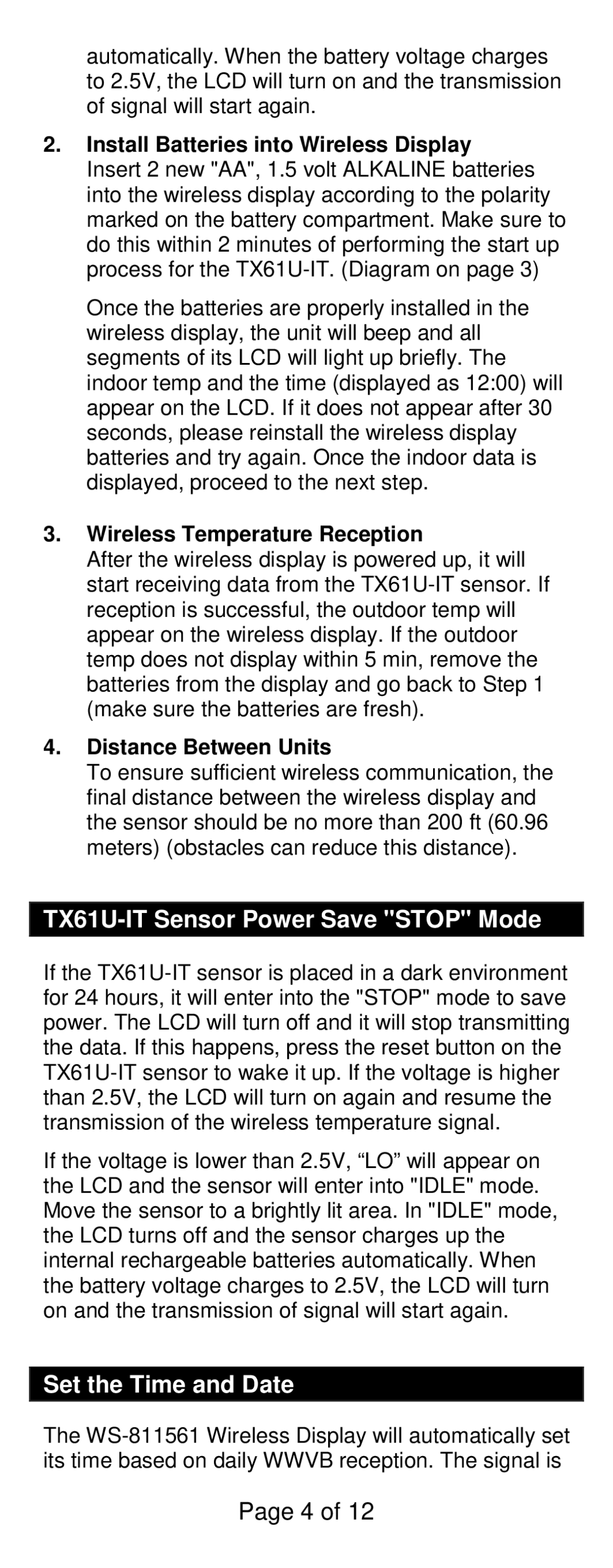 La Crosse Technology WS-811561 TX61U-IT Sensor Power Save Stop Mode, Set the Time and Date, Wireless Temperature Reception 