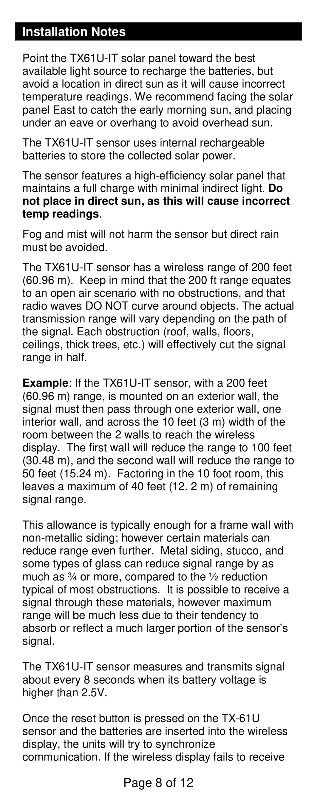 La Crosse Technology WS-811561 specifications Installation Notes 