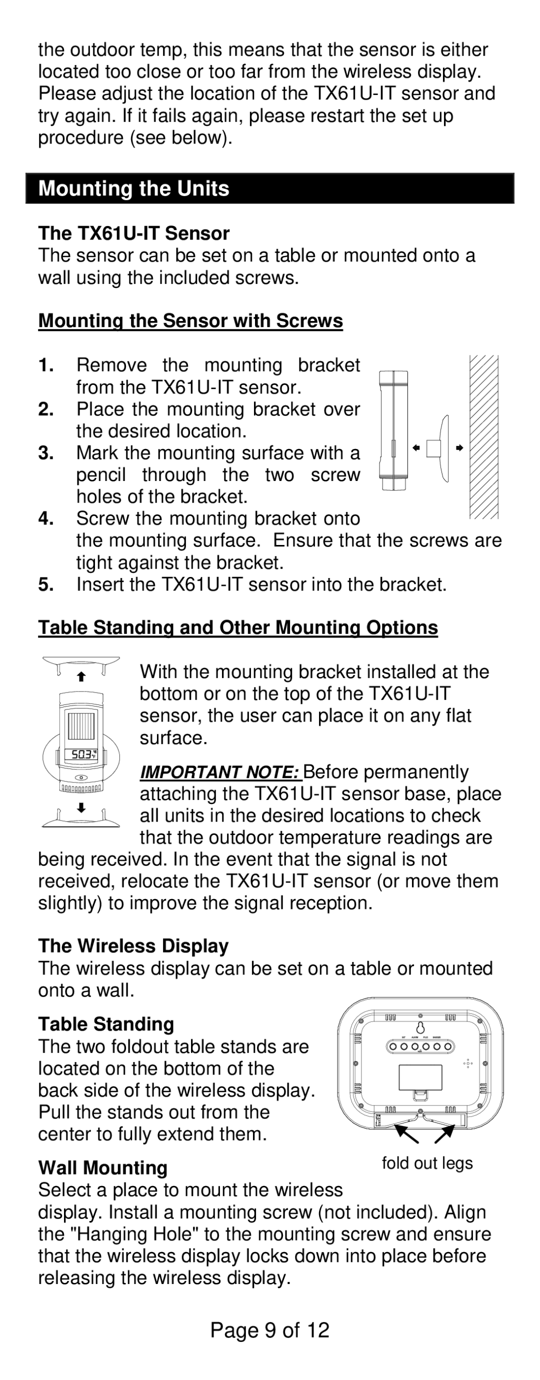 La Crosse Technology WS-811561 specifications Mounting the Units 