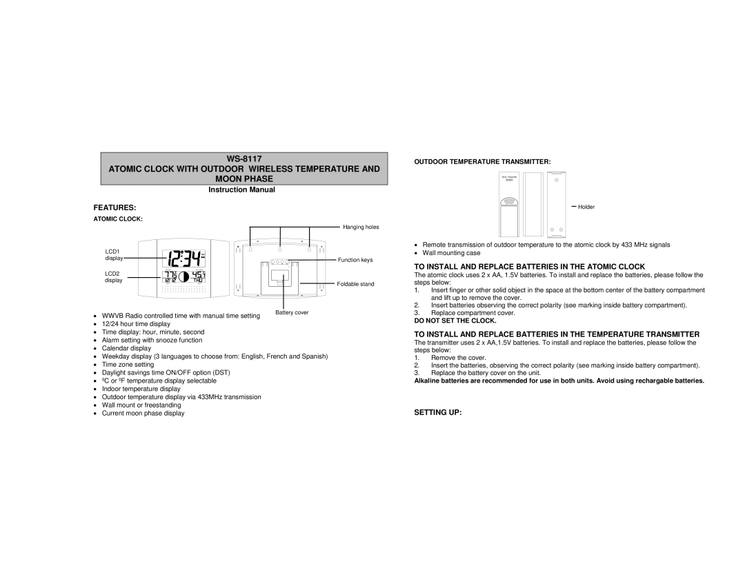 La Crosse Technology WS-8117 instruction manual Features, To Install and Replace Batteries in the Atomic Clock, Setting UP 