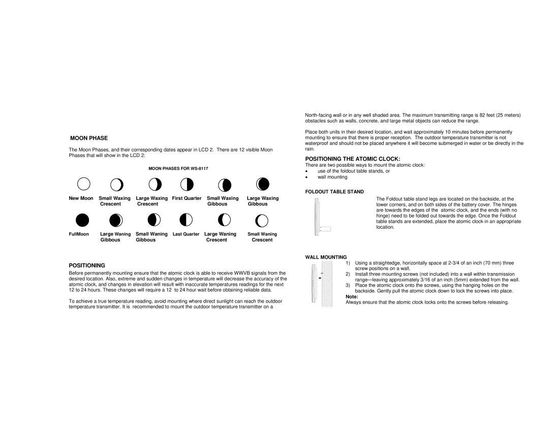 La Crosse Technology WS-8117 Moon Phase, Positioning the Atomic Clock, Foldout Table Stand, Wall Mounting 