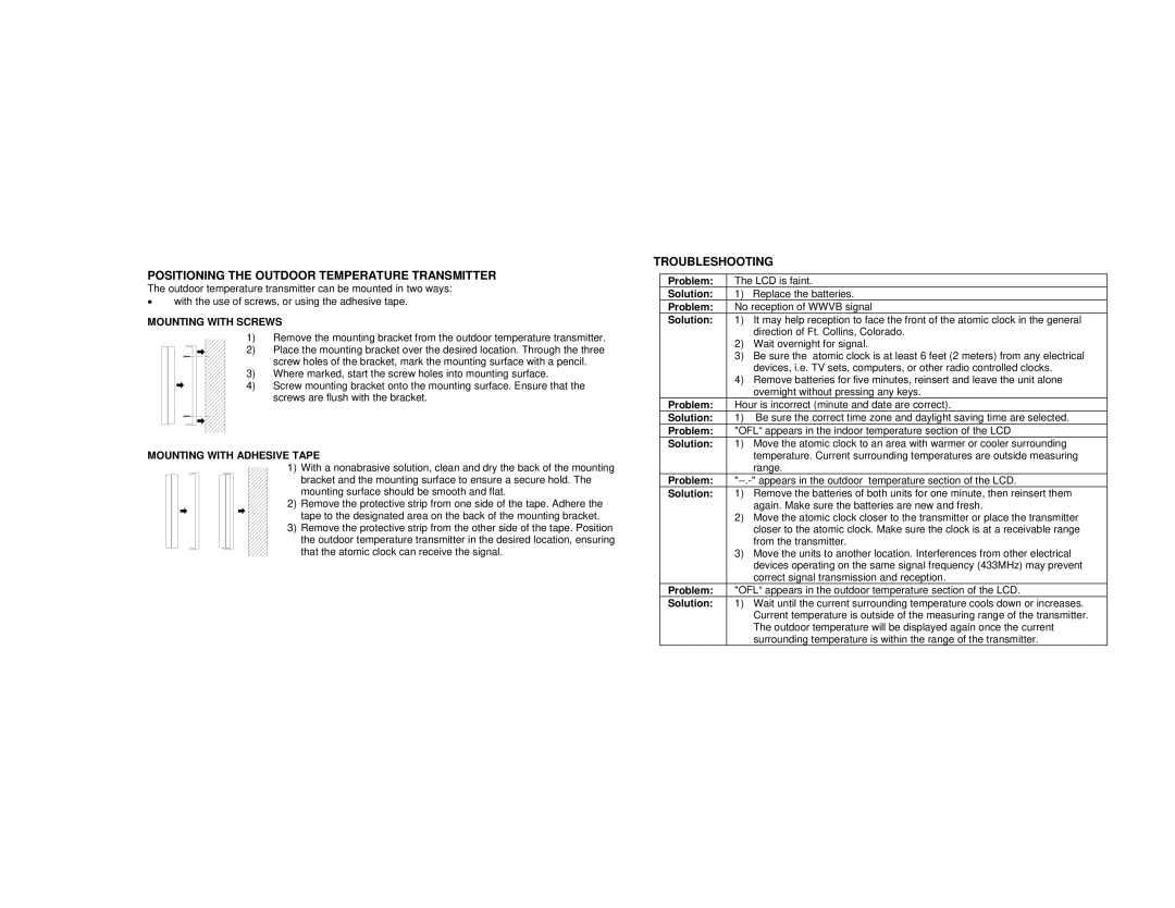 La Crosse Technology WS-8117 Positioning the Outdoor Temperature Transmitter, Troubleshooting, Mounting with Screws 