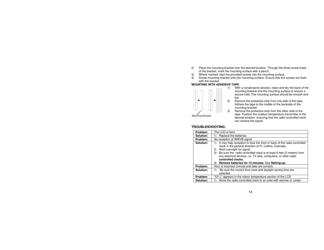 La Crosse Technology WS-8118U instruction manual Troubleshooting, Mounting with Adhesive Tape 