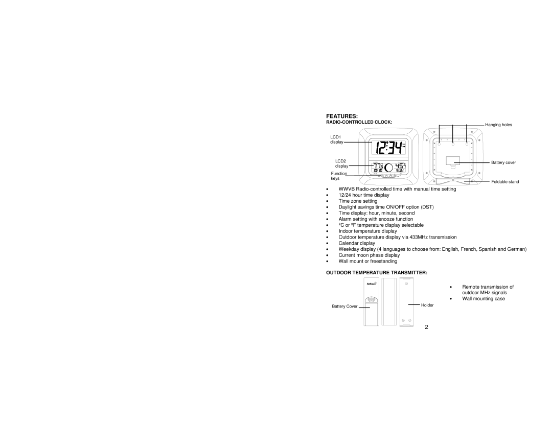 La Crosse Technology WS-8118U instruction manual Features, RADIO-CONTROLLED Clock, Outdoor Temperature Transmitter 