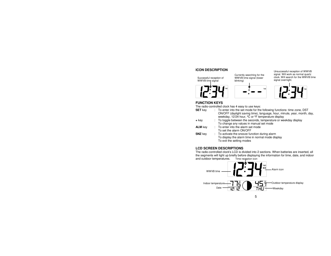 La Crosse Technology WS-8118U instruction manual Icon Description, Function Keys, LCD Screen Descriptions 