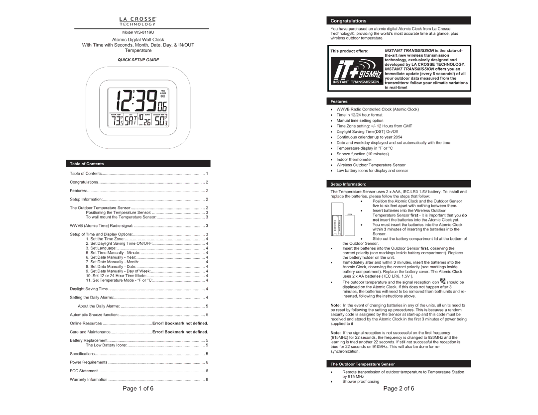 La Crosse Technology WS-8119U setup guide Table of Contents, Features, Setup Information, Outdoor Temperature Sensor 