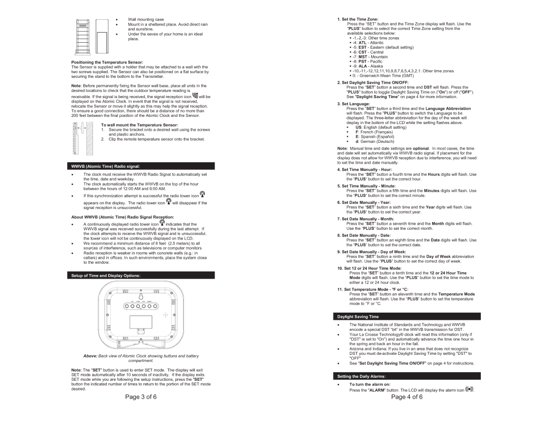 La Crosse Technology WS-8119U Wwvb Atomic Time Radio signal, Setup of Time and Display Options, Daylight Saving Time 