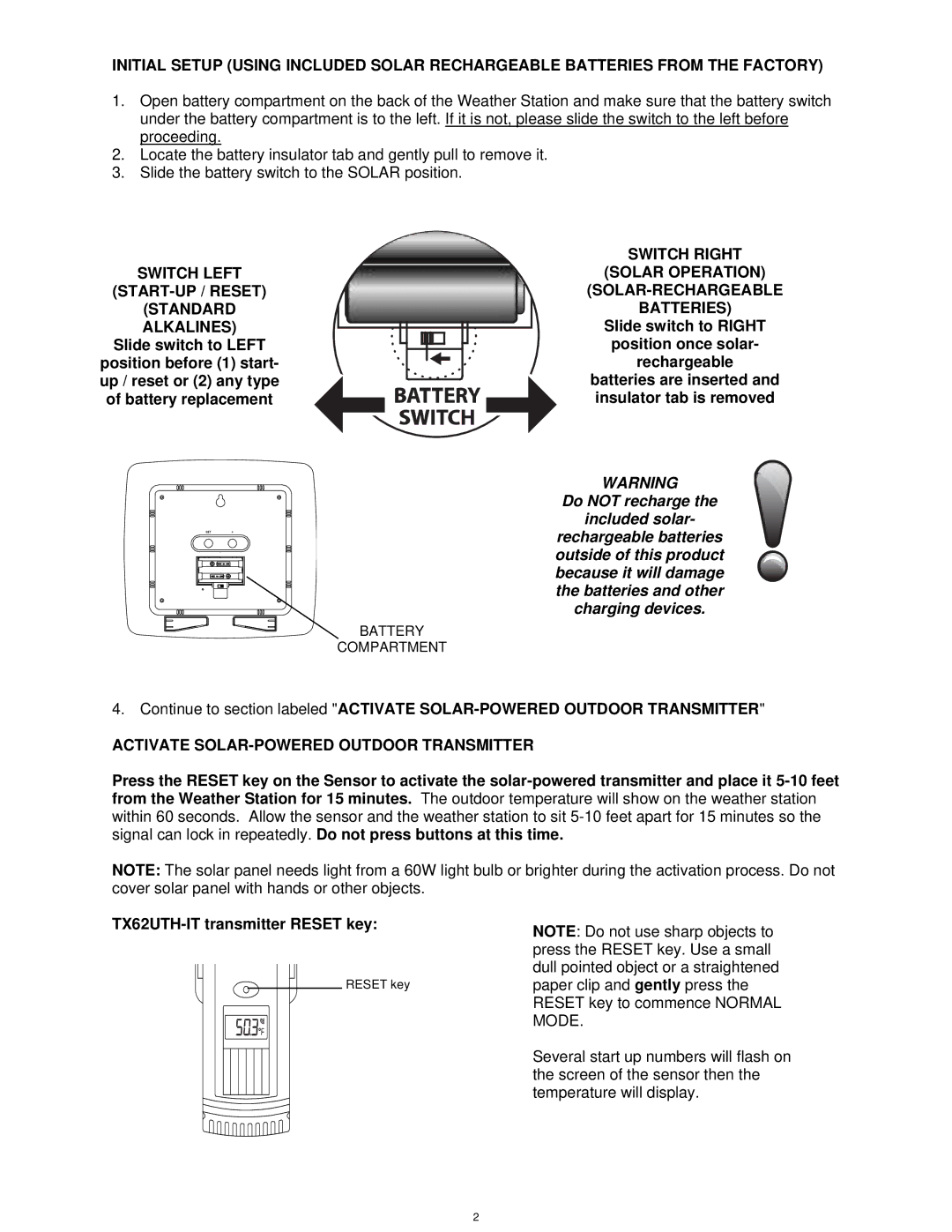 La Crosse Technology WS-8120U-IT, TX62U-IT instruction manual Switch Left START-UP / Reset Standard Alkalines 