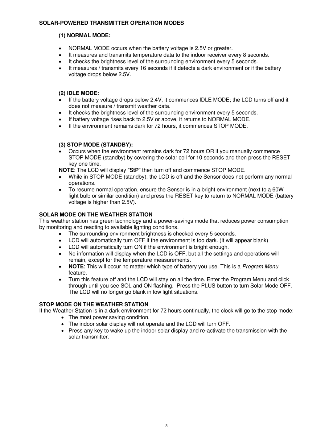 La Crosse Technology TX62U-IT SOLAR-POWERED Transmitter Operation Modes Normal Mode, Idle Mode, Stop Mode Standby 