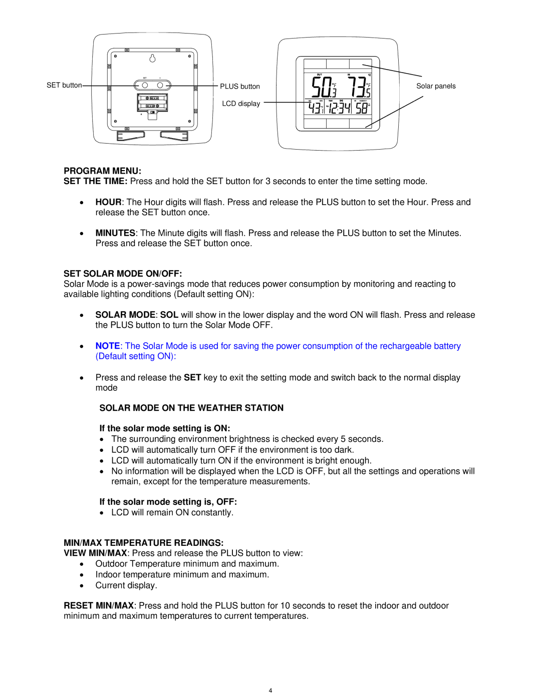 La Crosse Technology WS-8120U-IT, TX62U-IT Program Menu, SET Solar Mode ON/OFF, If the solar mode setting is on 