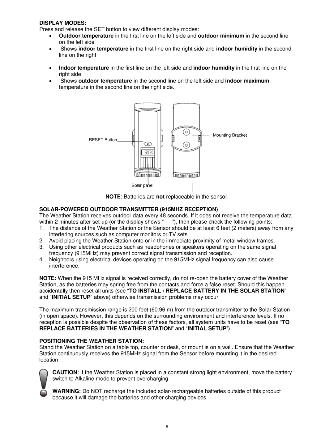 La Crosse Technology TX62U-IT, WS-8120U-IT Display Modes, SOLAR-POWERED Outdoor Transmitter 915MHZ Reception 