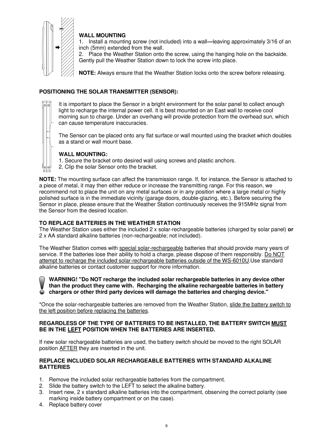 La Crosse Technology WS-8120U-IT, TX62U-IT instruction manual Wall Mounting, Positioning the Solar Transmitter Sensor 