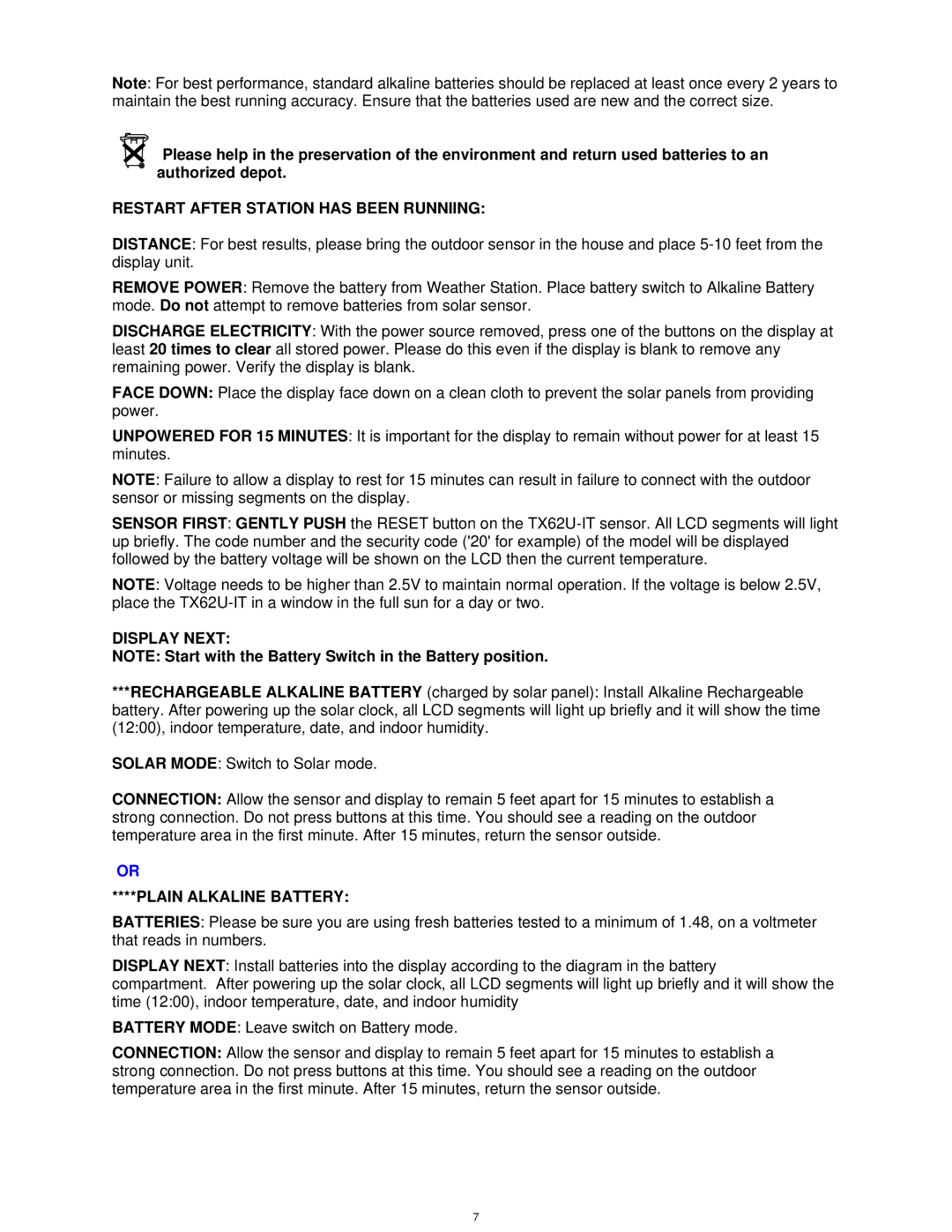 La Crosse Technology TX62U-IT, WS-8120U-IT Restart After Station has Been Runniing, Display Next, Plain Alkaline Battery 