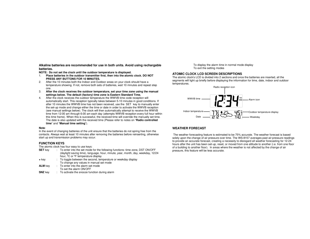 La Crosse Technology WS-8157 instruction manual Function Keys, Atomic Clock LCD Screen Descriptions, Weather Forecast 