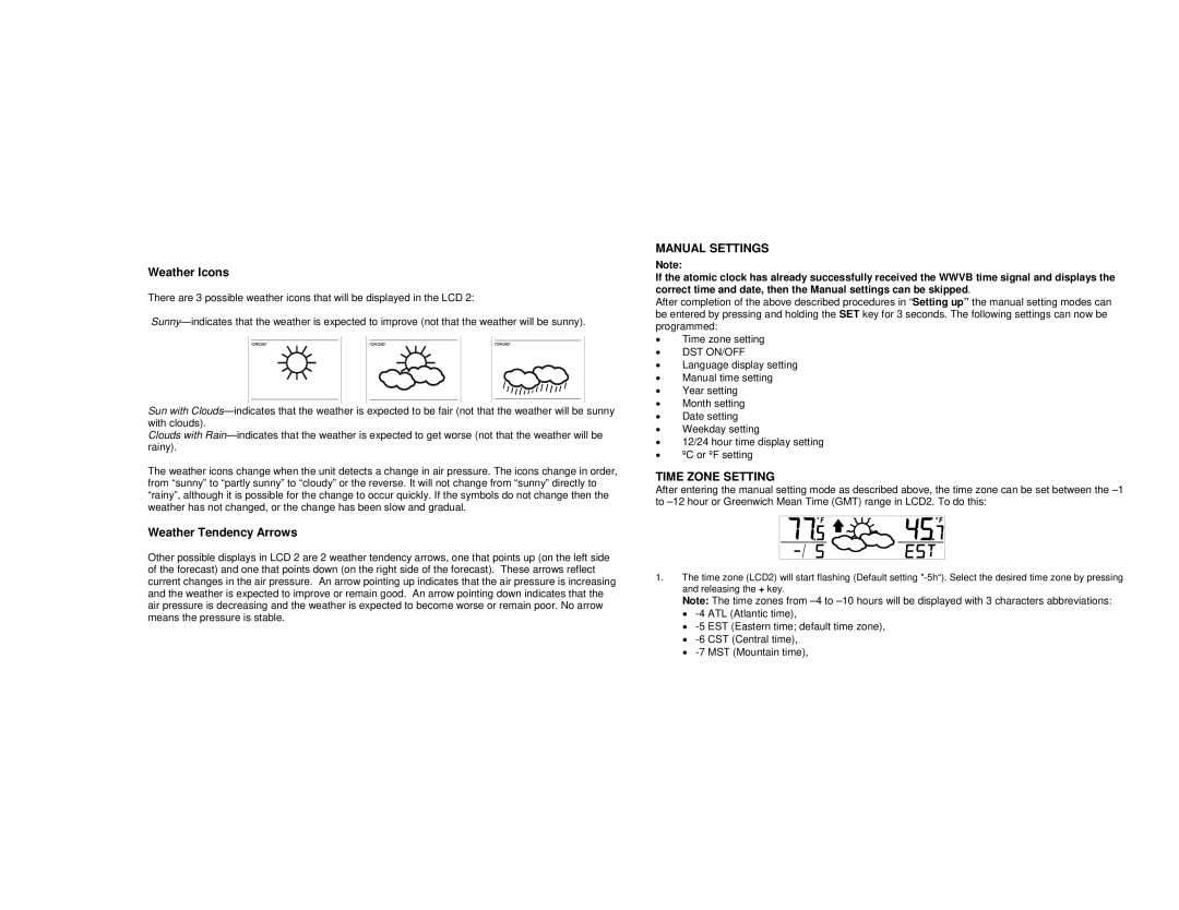 La Crosse Technology WS-8157 instruction manual Weather Icons, Weather Tendency Arrows, Manual Settings, Time Zone Setting 