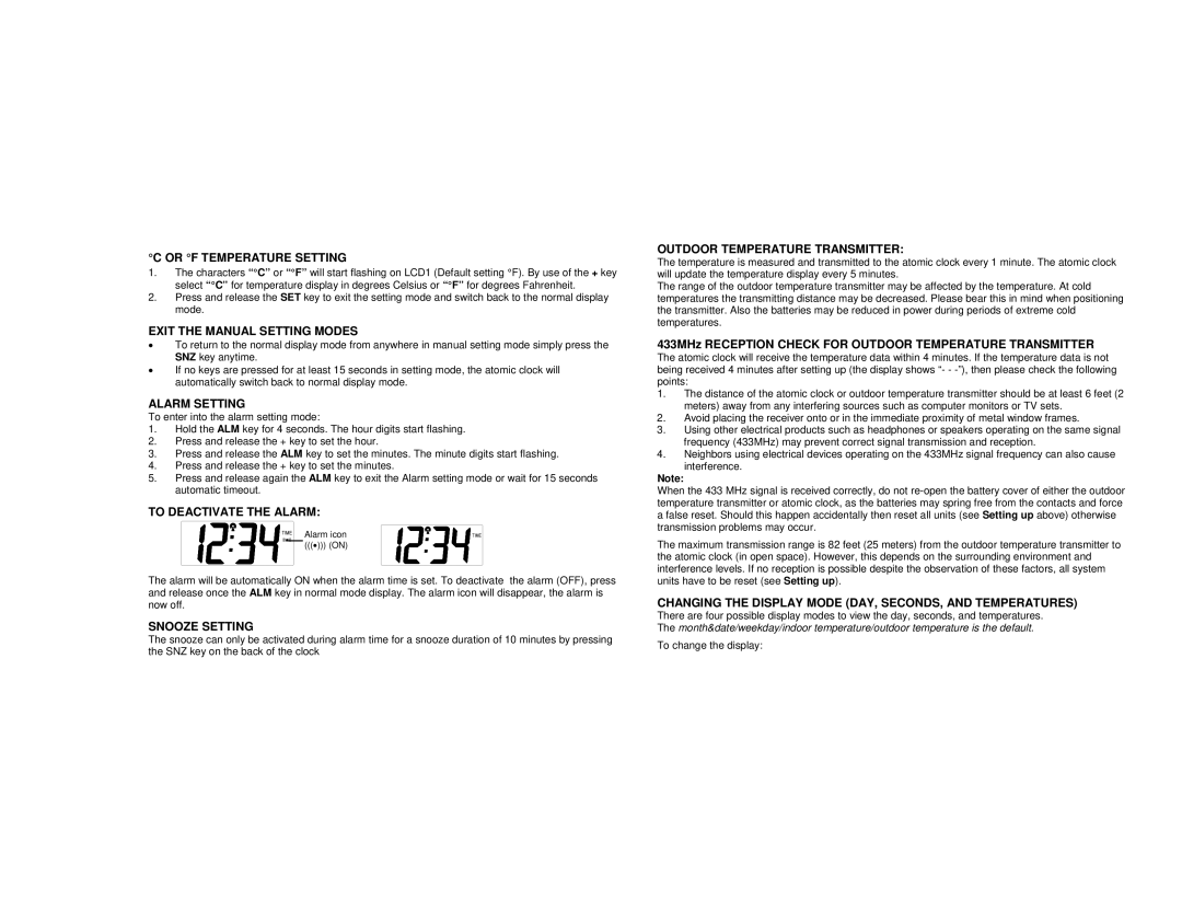 La Crosse Technology WS-8157 Or F Temperature Setting, Exit the Manual Setting Modes, Alarm Setting, Snooze Setting 