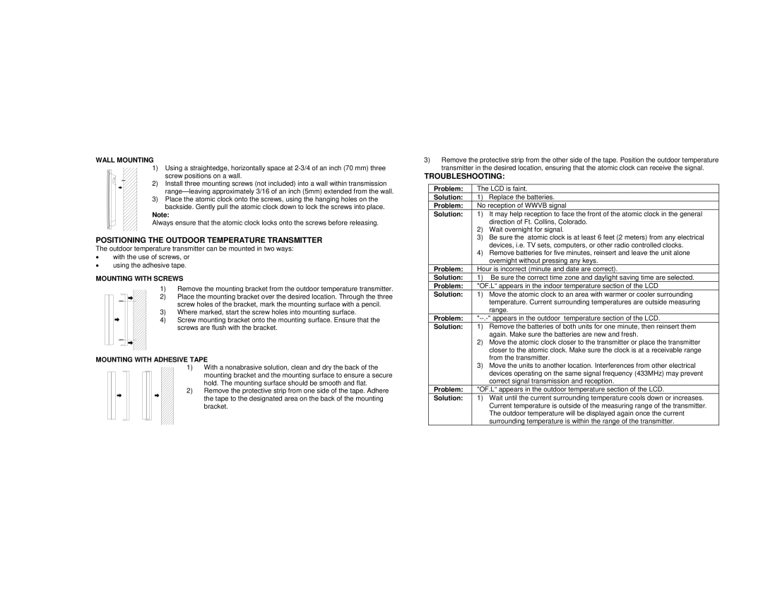 La Crosse Technology WS-8157 Positioning the Outdoor Temperature Transmitter, Troubleshooting, Wall Mounting 