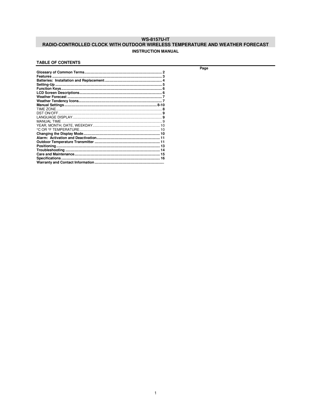 La Crosse Technology WS-8157U-IT instruction manual Table of Contents 