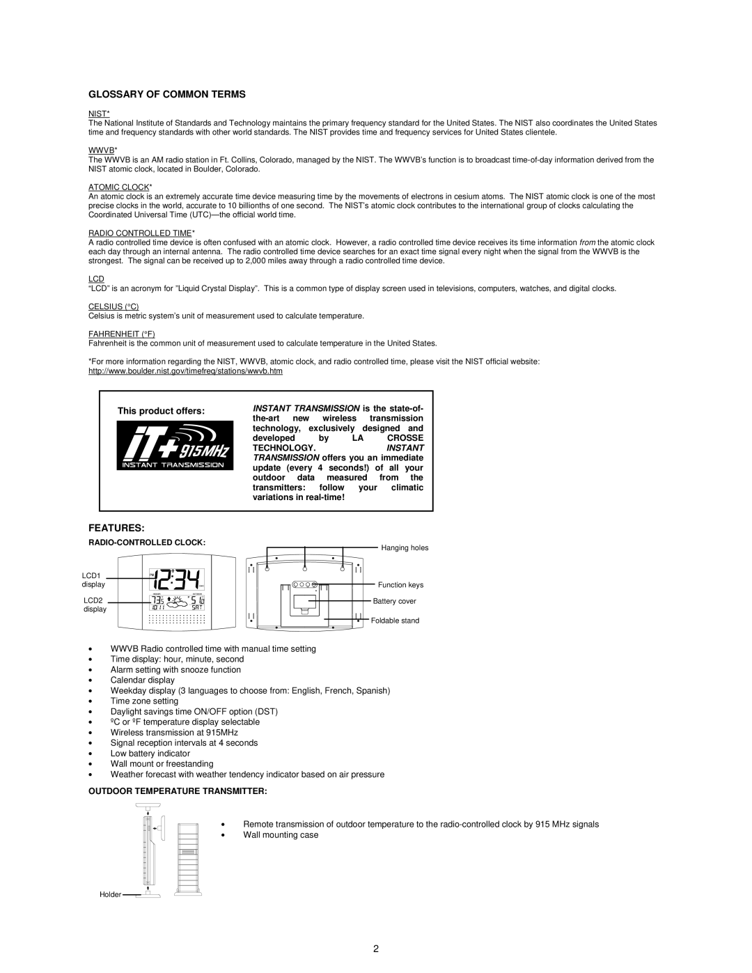 La Crosse Technology WS-8157U-IT instruction manual Glossary of Common Terms, Features, RADIO-CONTROLLED Clock 