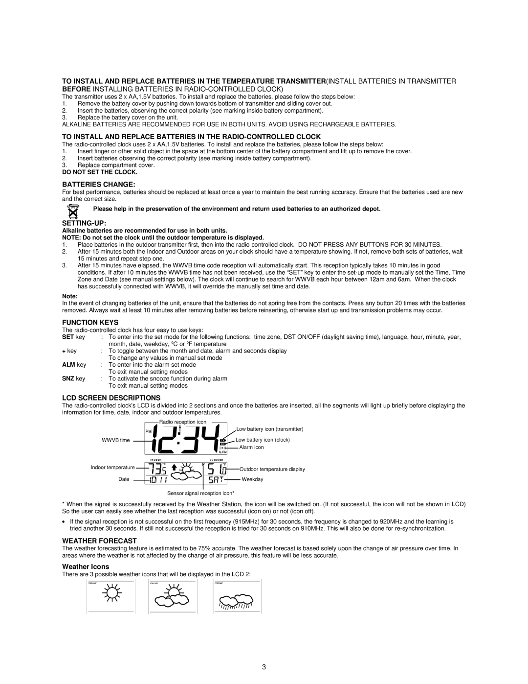 La Crosse Technology WS-8157U-IT Batteries Change, Setting-Up, Function Keys, LCD Screen Descriptions, Weather Forecast 