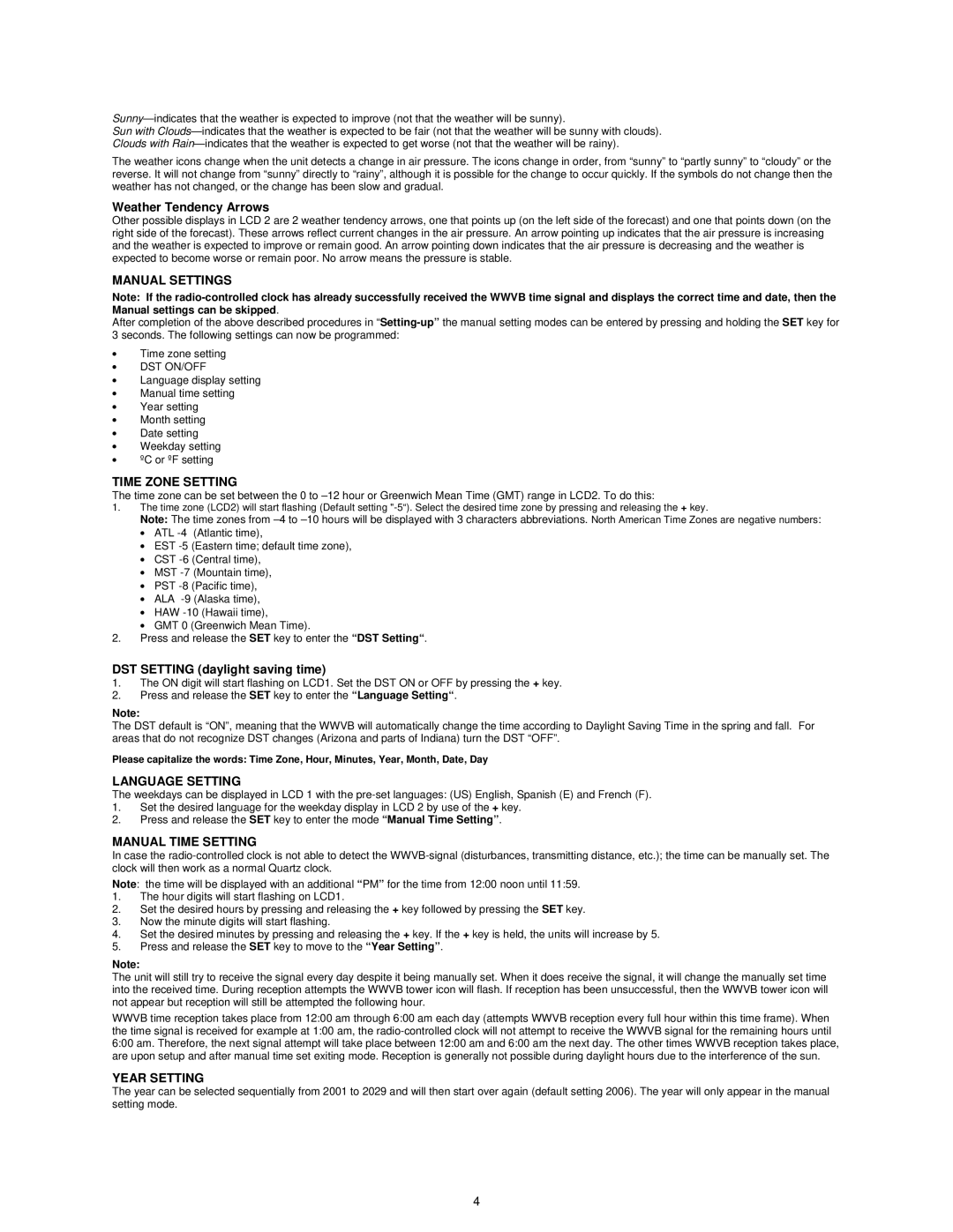 La Crosse Technology WS-8157U-IT Manual Settings, Time Zone Setting, Language Setting, Manual Time Setting, Year Setting 