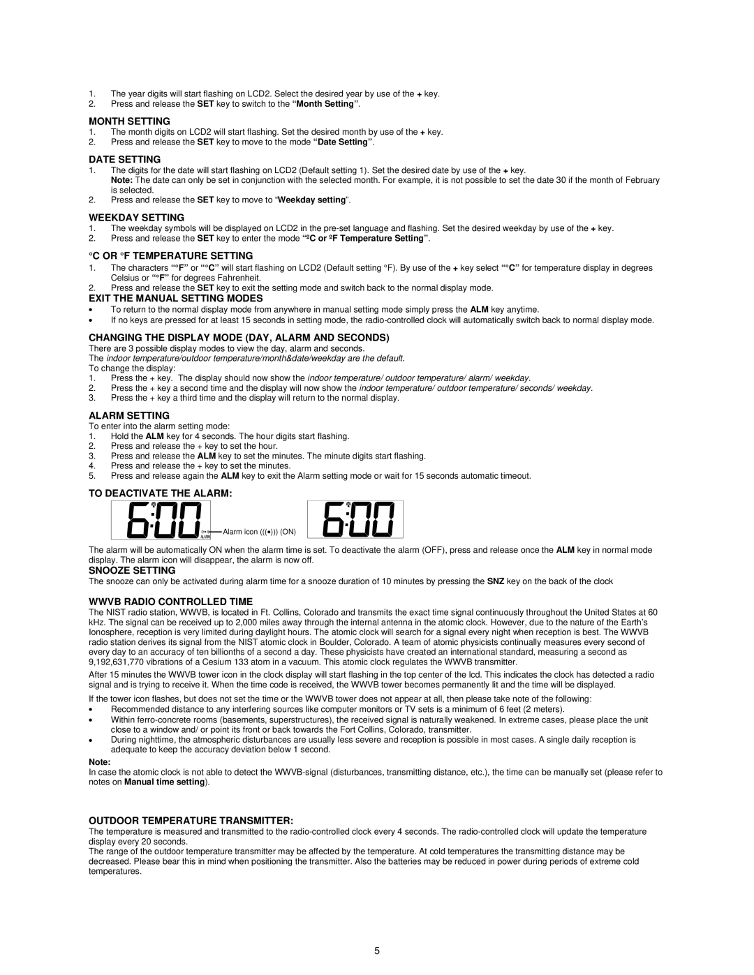 La Crosse Technology WS-8157U-IT Month Setting, Date Setting, Weekday Setting, Or F Temperature Setting, Alarm Setting 