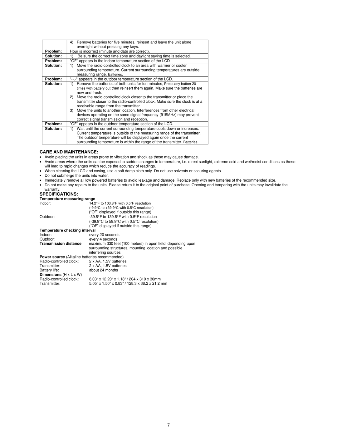 La Crosse Technology WS-8157U-IT instruction manual Care and Maintenance, Specifications 