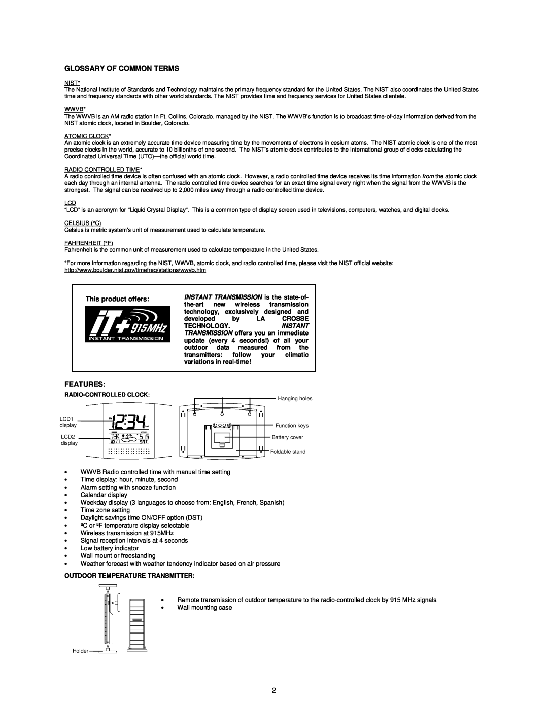La Crosse Technology WS-8157U-IT instruction manual Glossary Of Common Terms, Features, This product offers 