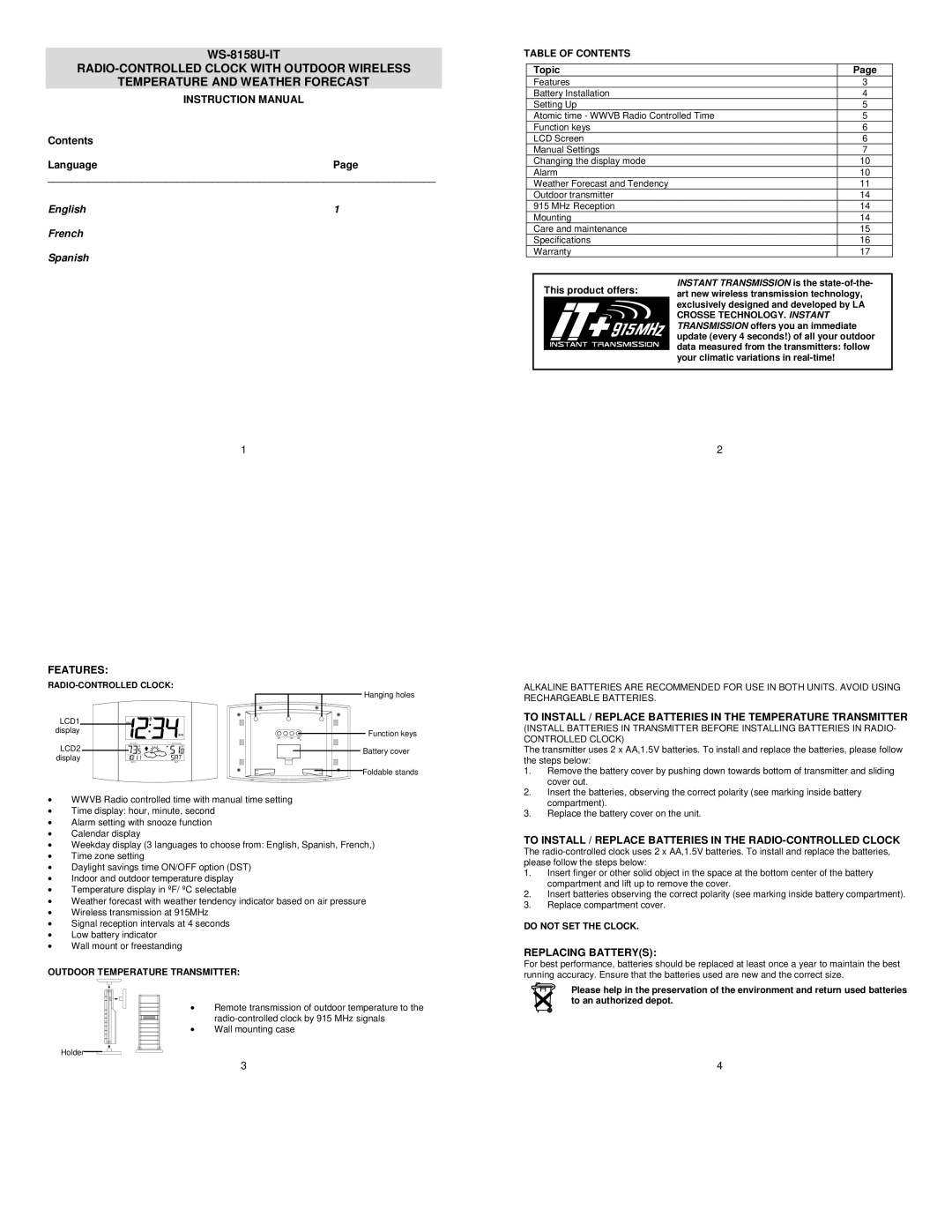 La Crosse Technology WS-8158U-IT instruction manual Table of Contents, Features, Replacing Batterys 