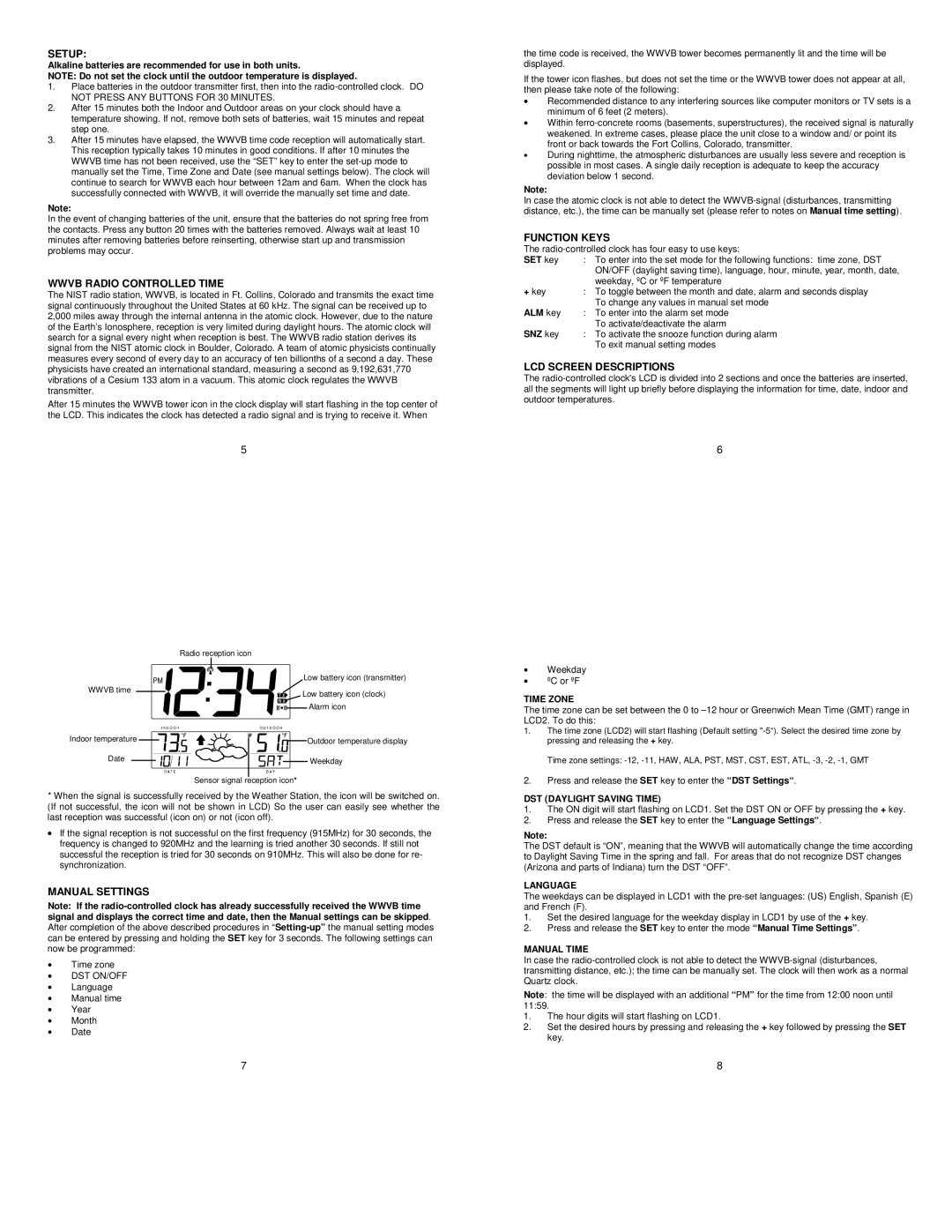 La Crosse Technology WS-8158U-IT instruction manual Setup, Wwvb Radio Controlled Time, Manual Settings, Function Keys 