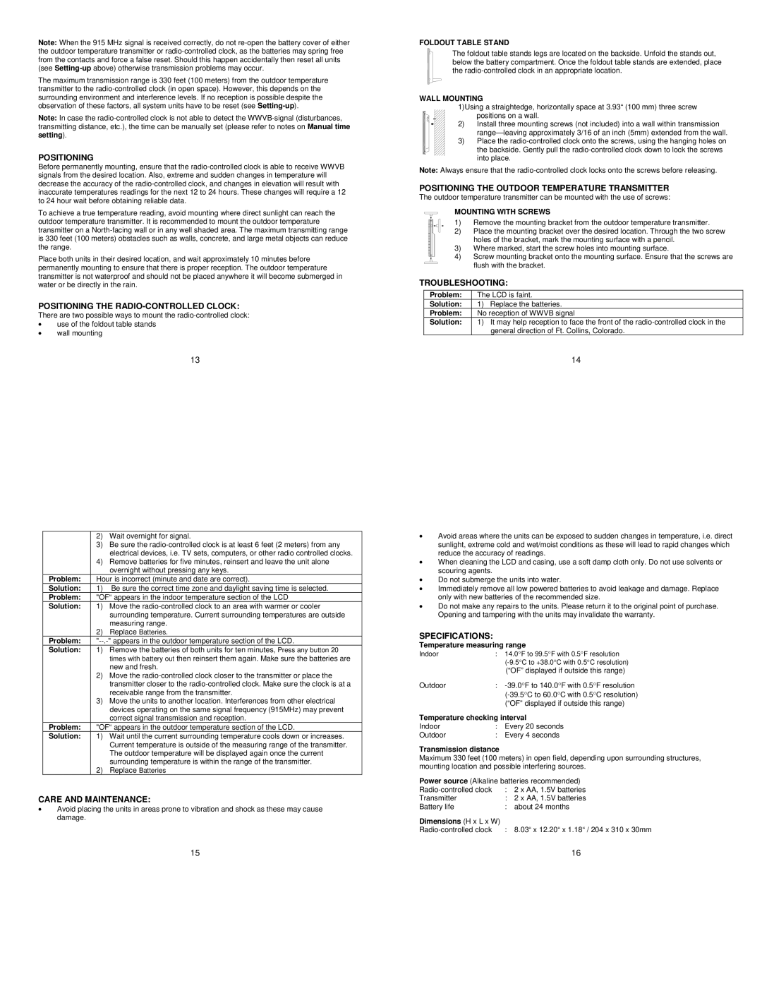 La Crosse Technology WS-8158U-IT Positioning the RADIO-CONTROLLED Clock, Care and Maintenance, Troubleshooting 