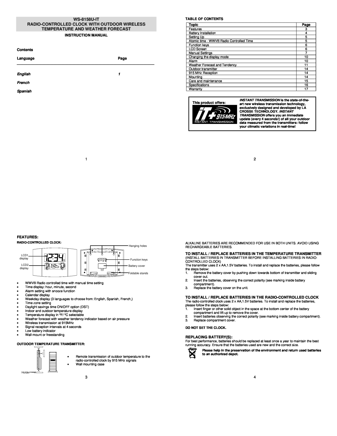 La Crosse Technology WS-8158U-IT instruction manual Instruction Manual, Language, Table Of Contents, Topic, Page 