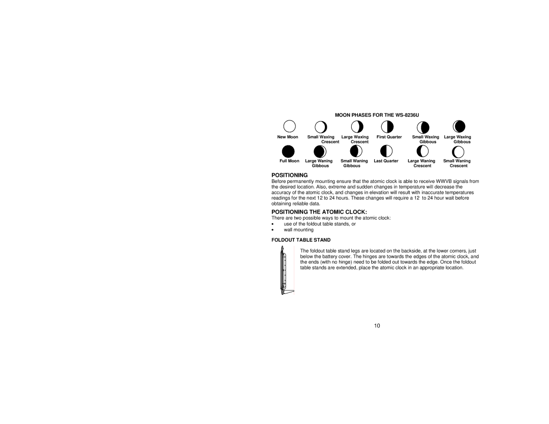 La Crosse Technology Positioning the Atomic Clock, Moon Phases for the WS-8236U, Foldout Table Stand 